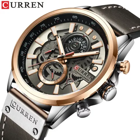 CURREN 8380 — Cronógrafo de cuero con día y fecha