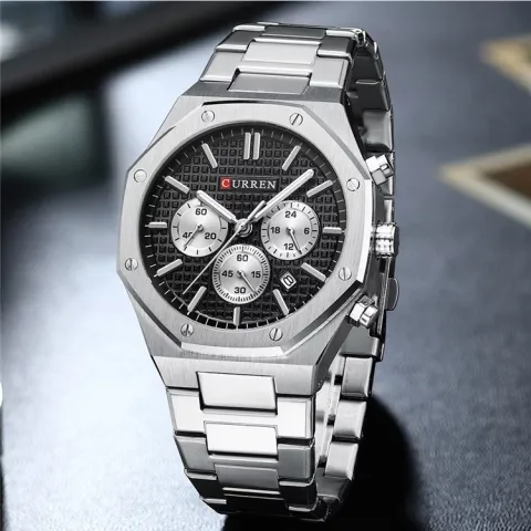 CURREN 8440 — Cronógrafo de acero, brazalete integrado
