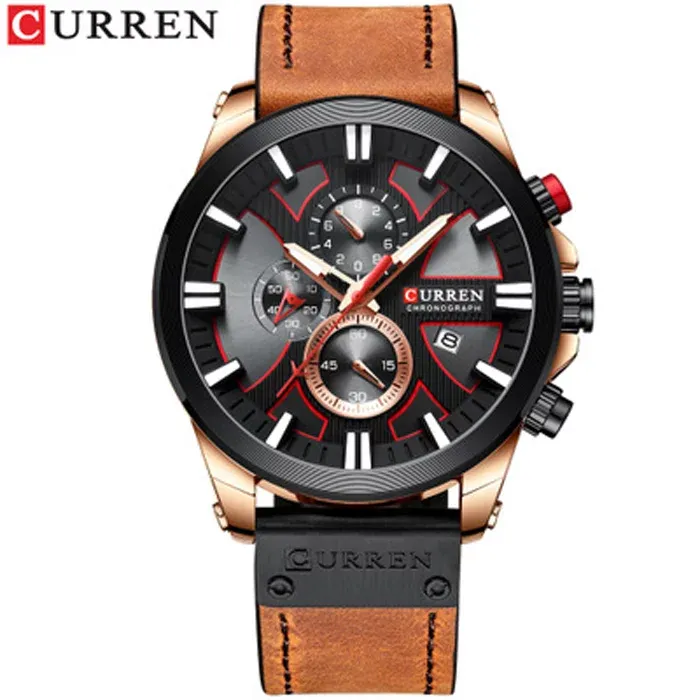 CURREN 8346 — Cronógrafo de caja grande con correa de cuero