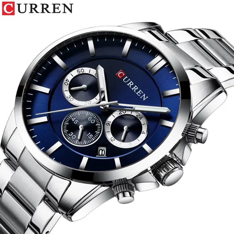 CURREN 8358 — Acero, calendario y agujas luminosas