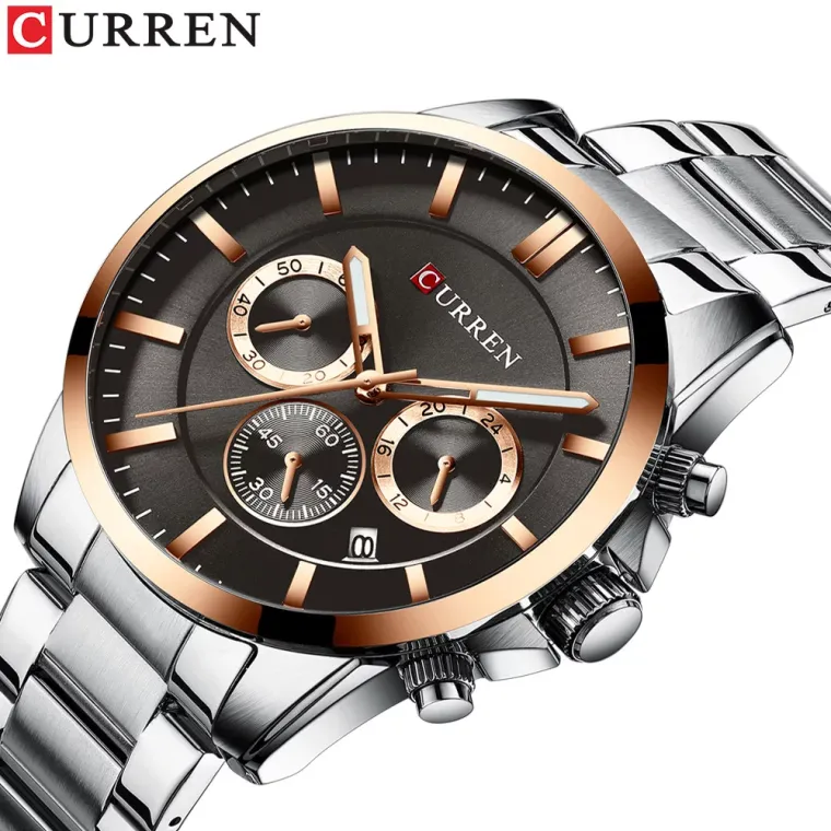 CURREN 8358 — Acero, calendario y agujas luminosas